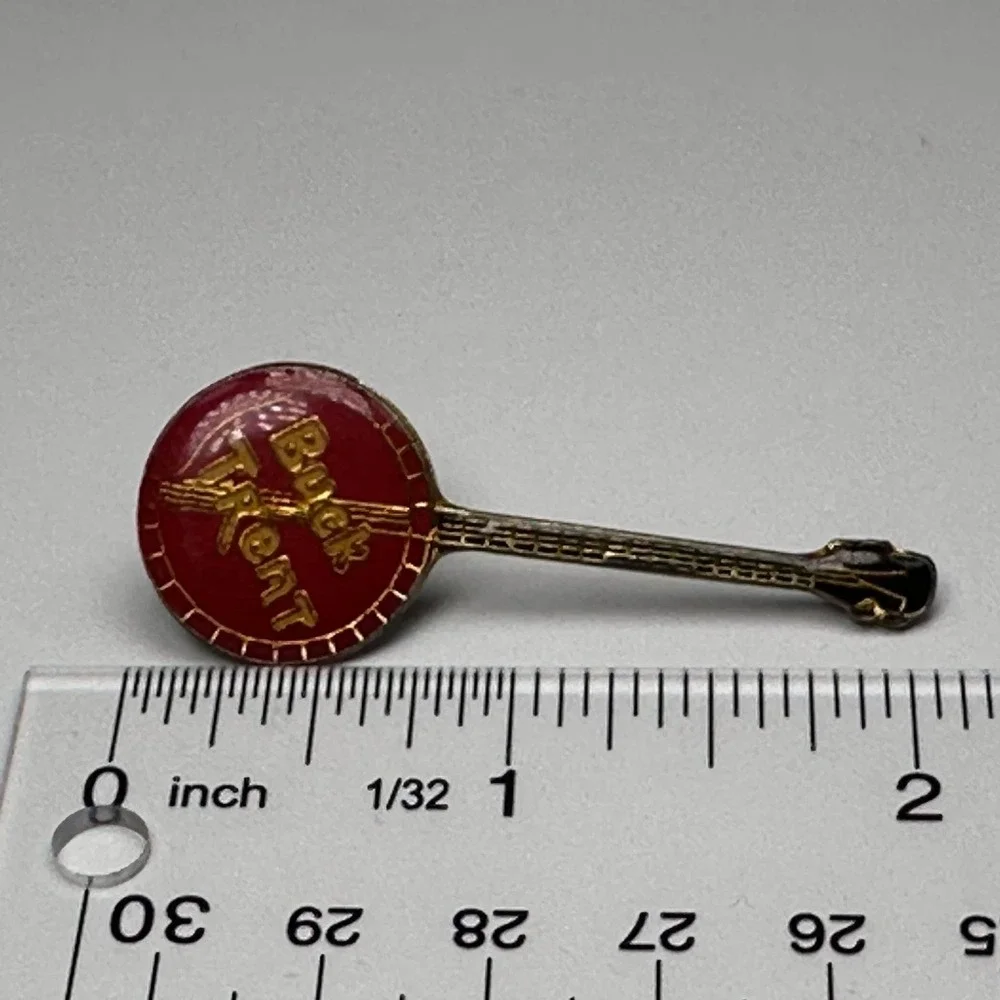 VTG‎ Buck Trent Banjo Guitar Lapel Pin Red Gold-Tone 2in Country Folk Blue Grass